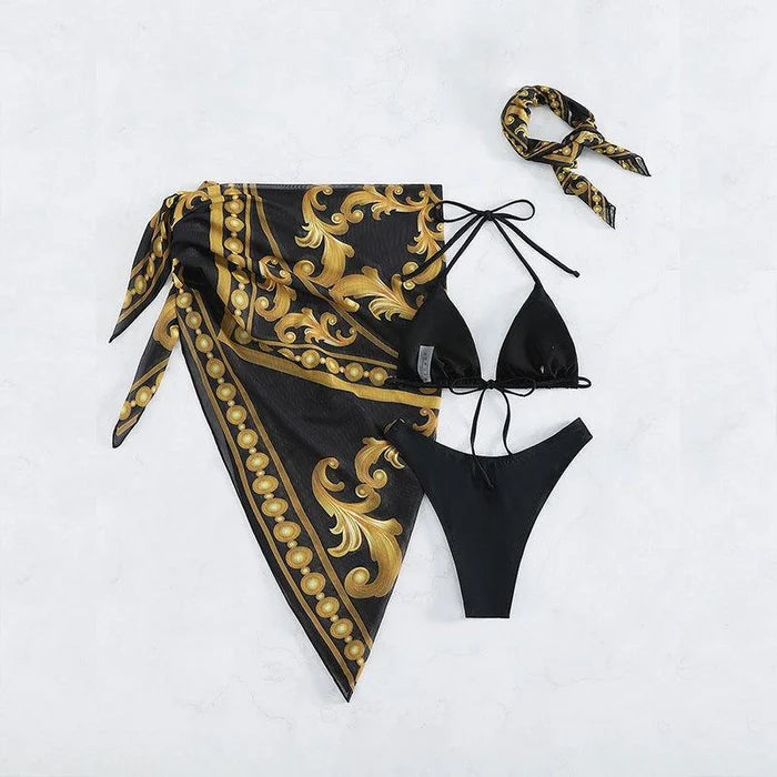 Retro Print Lace-up Mesh Four Piece Set