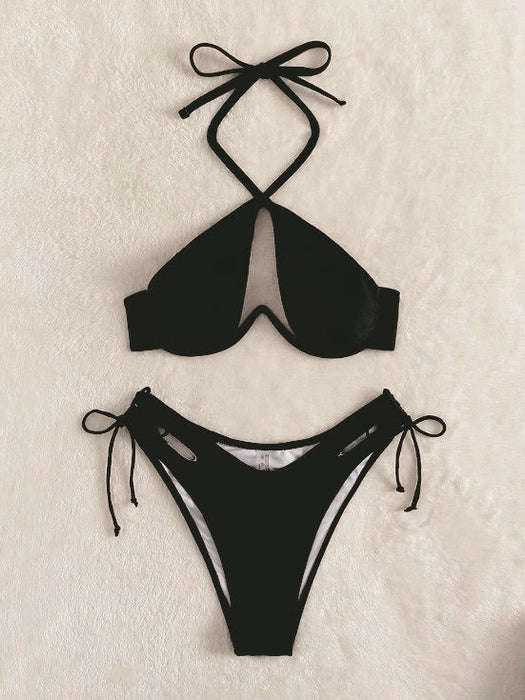 Split Hollow Halterneck Solid Bikini