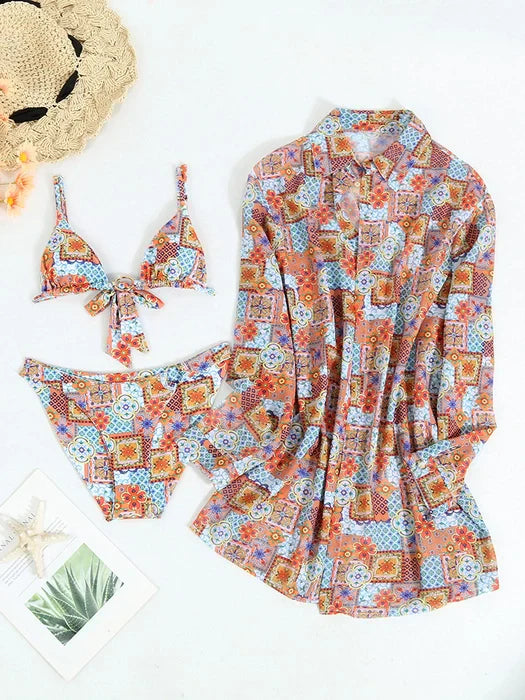 Floral Shirt Print V Neck Three Piece Ensemble