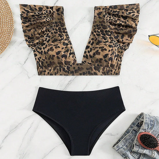 Leopard Print High Waist Open Back Swimwear