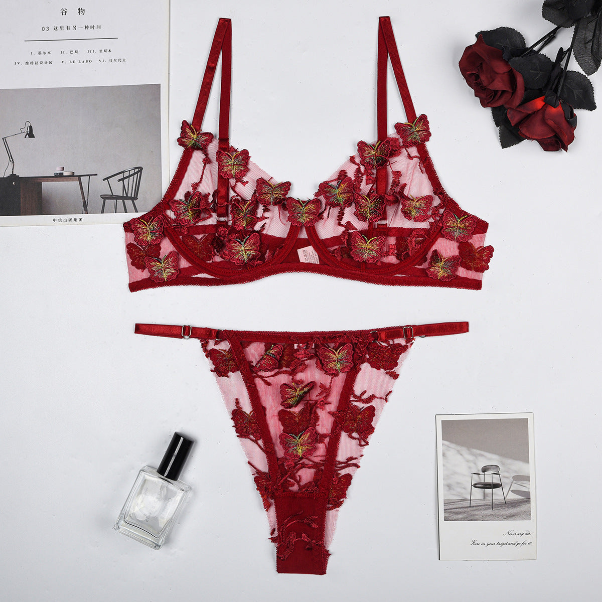 Butterfly Embroidery  Lingerie 2 Piece Set