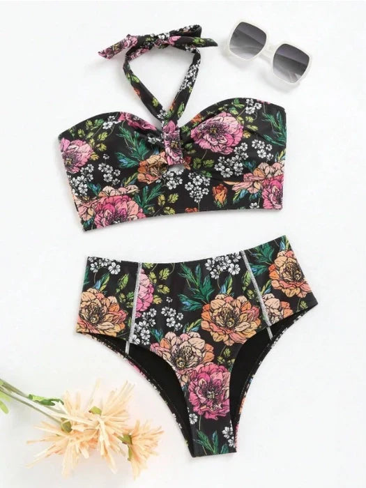 Floral Printed High Waist Sleeveless Halter Bikini