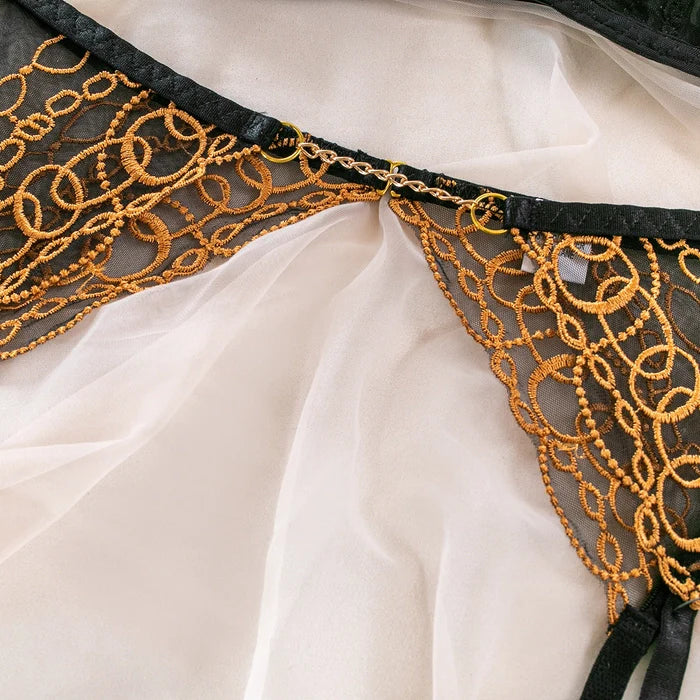 Midnight Mood Gold Embroidered Three Piece Lingerie Set