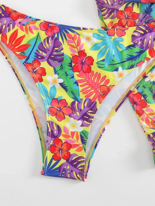 Split Printed Three-Piece Rope Swimsuit