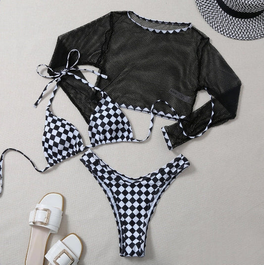 Checkerboard Printed Mesh Three Piece Suit