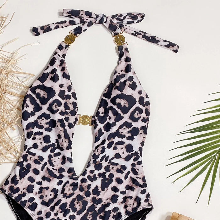 Leopard Pattern Hollow Backless One Piece Suit