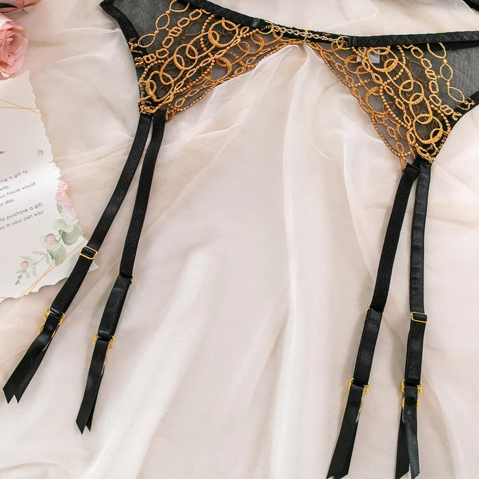 Midnight Mood Gold Embroidered Three Piece Lingerie Set