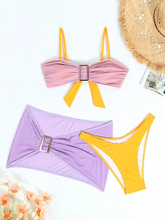 Three Piece Mesh Skirt Metal Buckle Suit