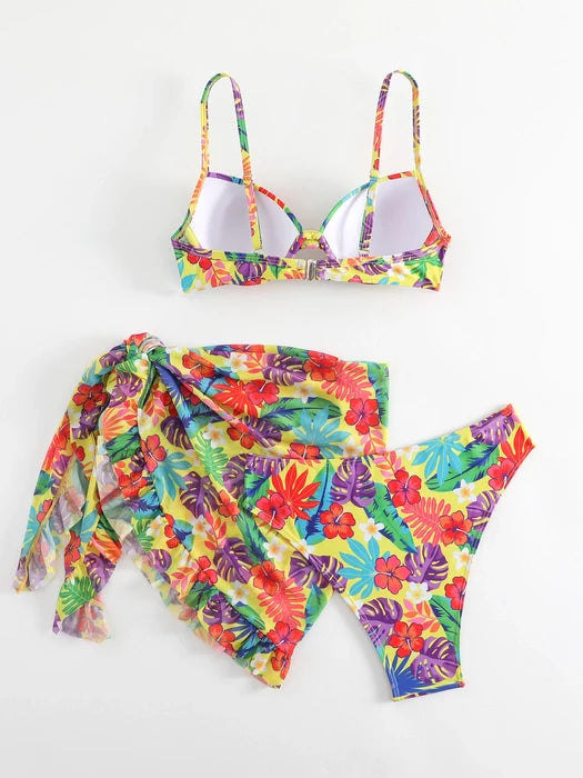 Split Printed Three-Piece Rope Swimsuit