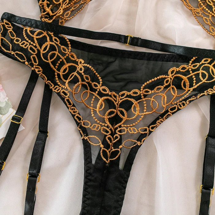 Midnight Mood Gold Embroidered Three Piece Lingerie Set
