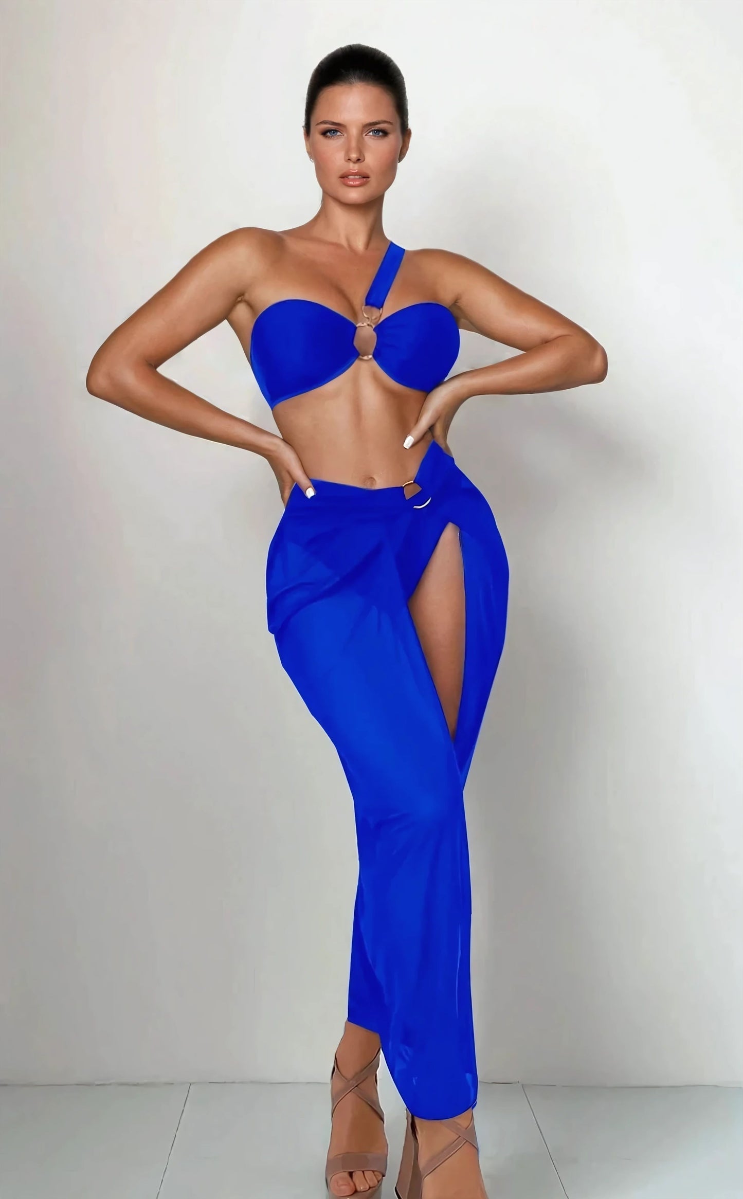 Solid Color Three Piece Metal Bikini Set