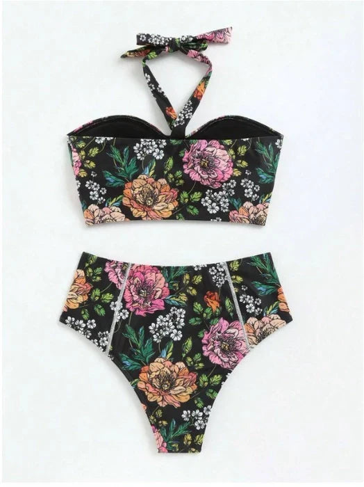 Floral Printed High Waist Sleeveless Halter Bikini