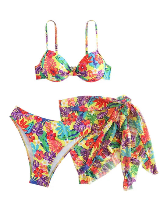 Split Printed Three-Piece Rope Swimsuit