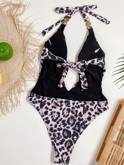 Leopard Pattern Hollow Backless One Piece Suit