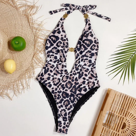 Leopard Pattern Hollow Backless One Piece Suit