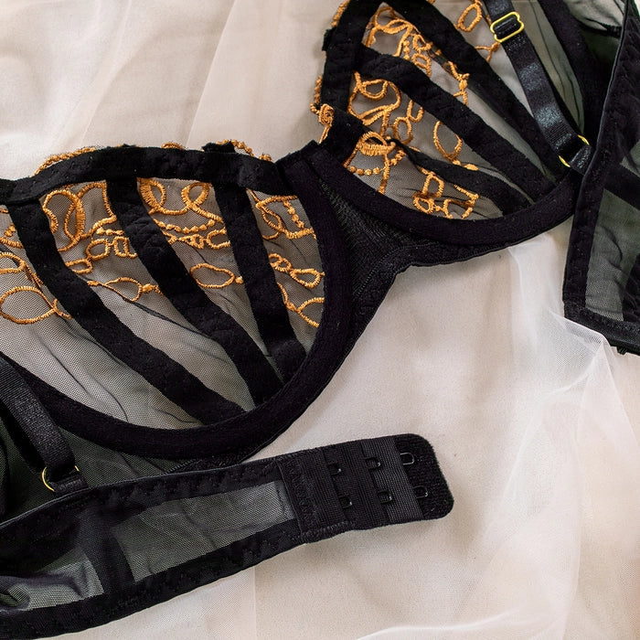 Midnight Mood Gold Embroidered Three Piece Lingerie Set
