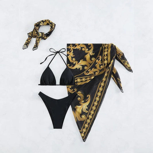 Retro Print Lace-up Mesh Four Piece Set
