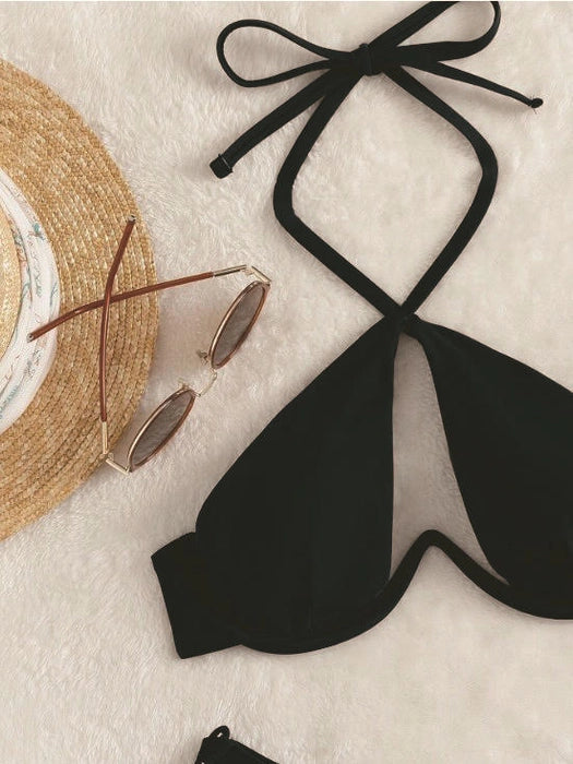 Split Hollow Halterneck Solid Bikini