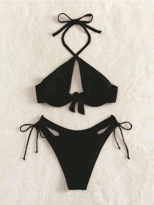 Split Hollow Halterneck Solid Bikini